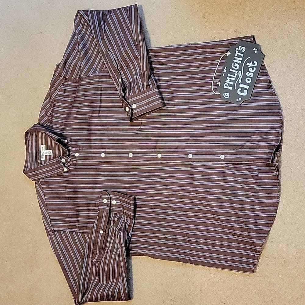 St. John's Bay Iron Free Dress Shirt XL Striped Long Sleeve Brown Blue White